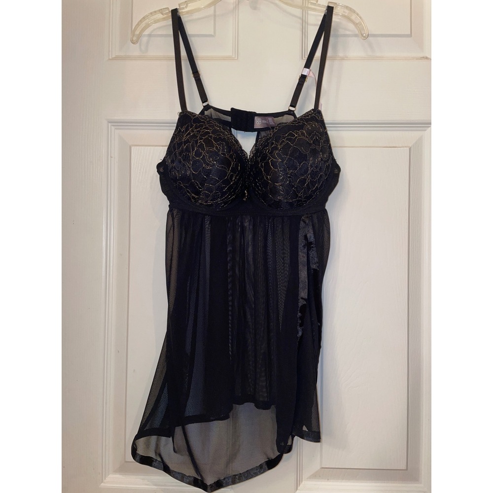 Daisy Fuentes Black Gold‎ Lace Mesh Babydoll Chemise Lingerie DF2151 Large